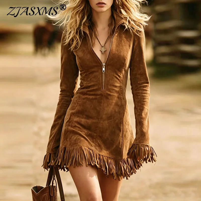 Fringed Zip-Front Bodycon Mini Dress