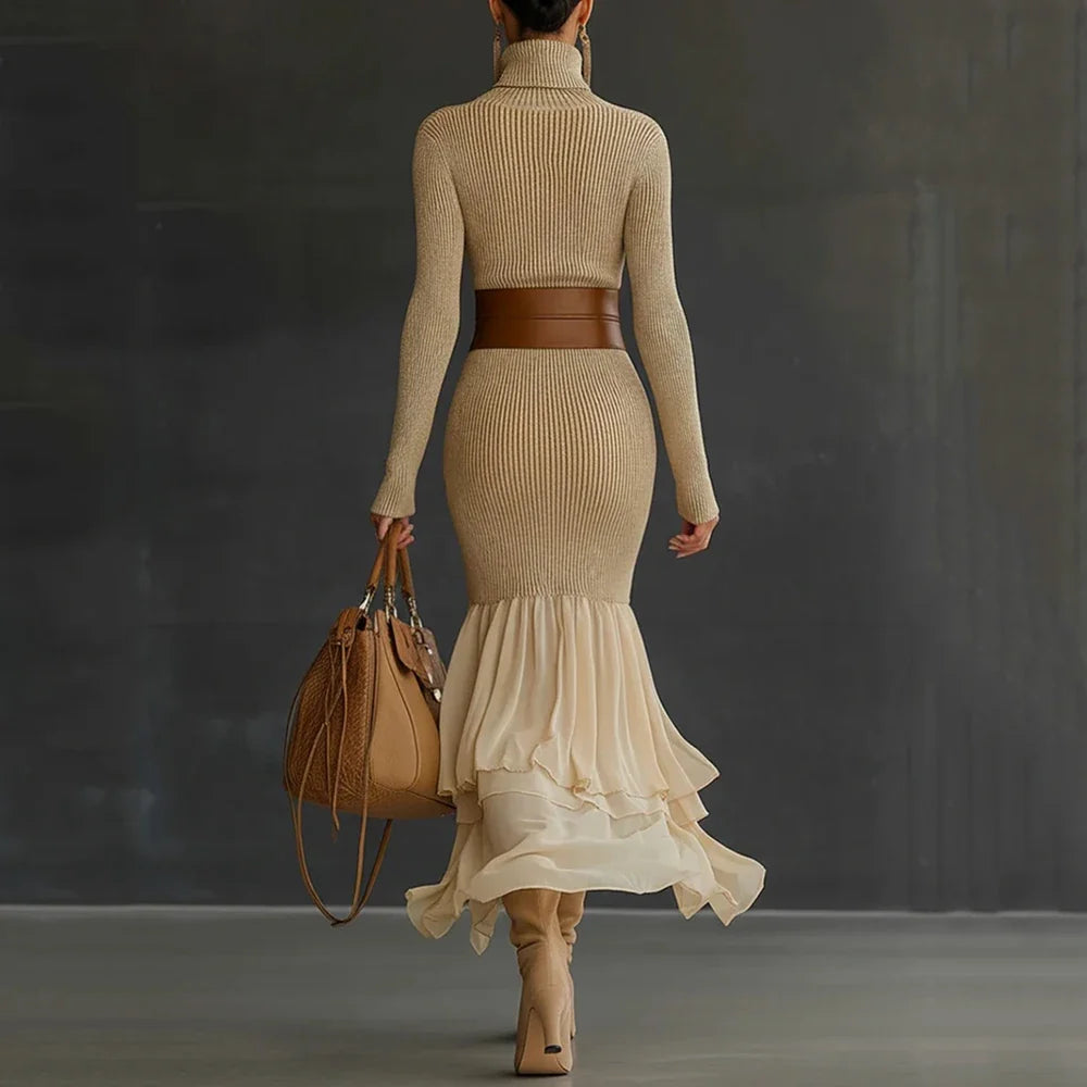 Turtleneck Ruffle Midi Dress