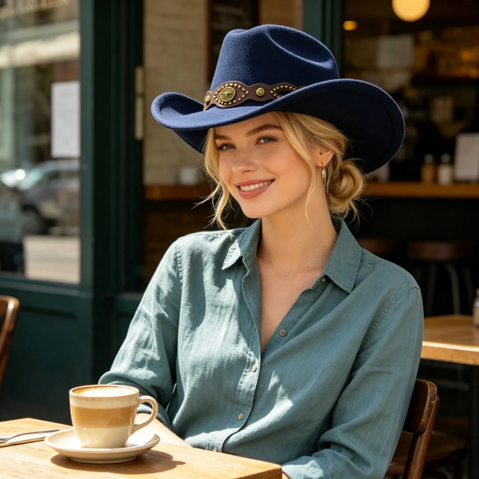 Western Cowgirl Fedora Hat with Bull Head Belt