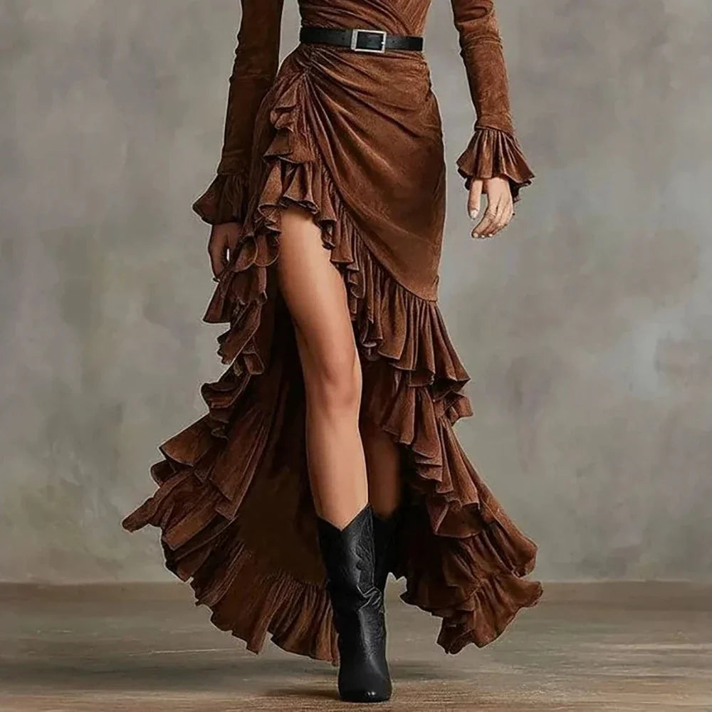 Faux Suede Ruffle Maxi Dress
