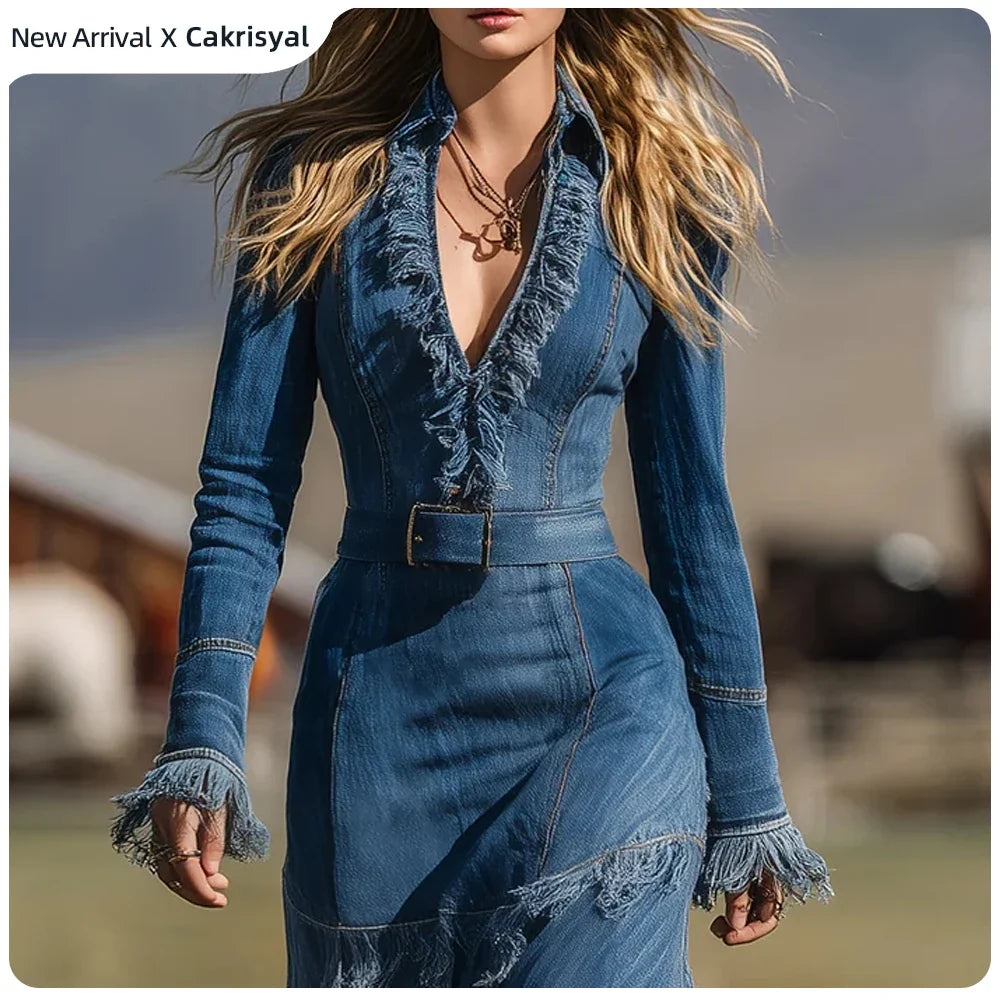 Western Fringe Denim Maxi Dress