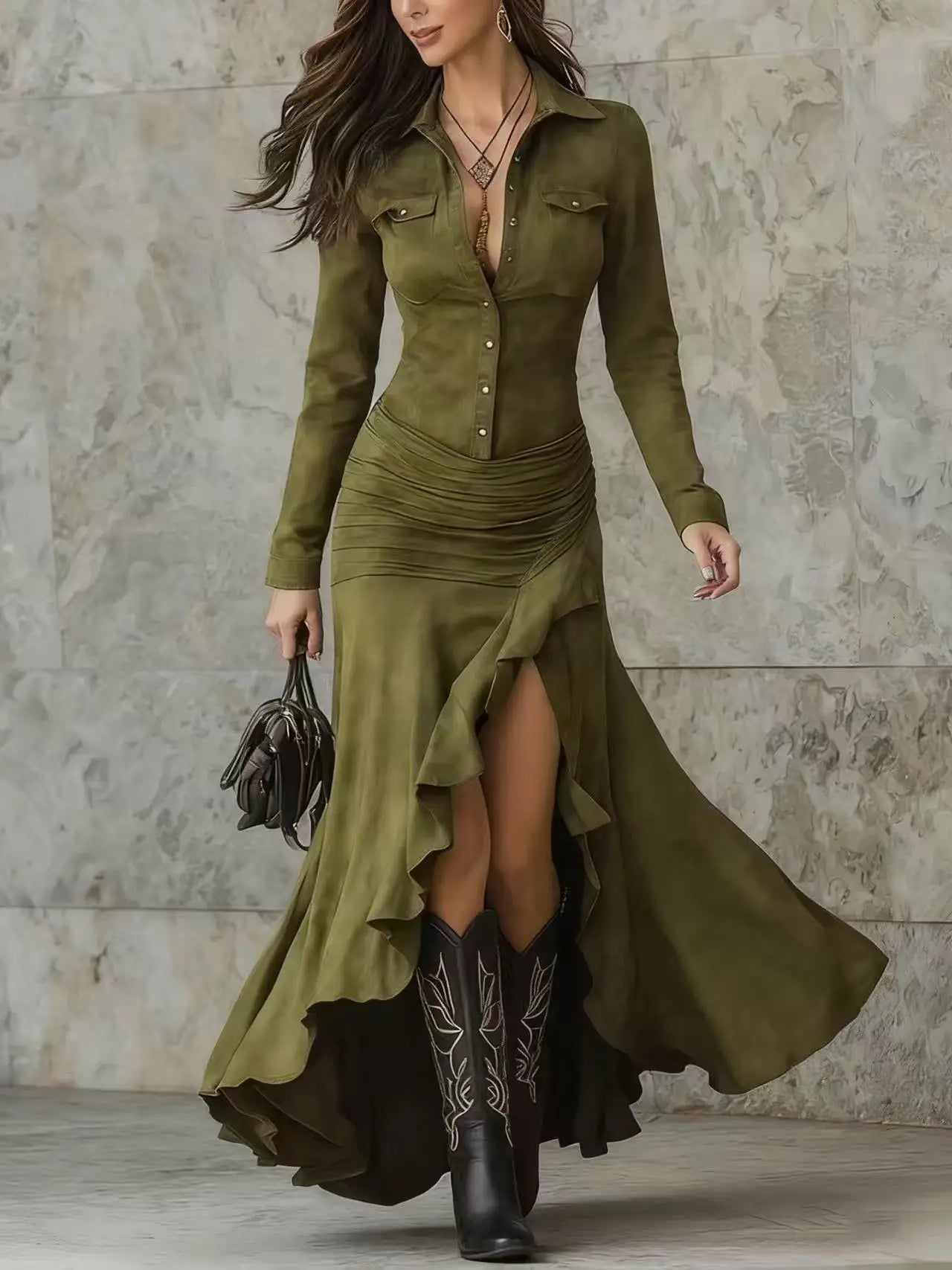 Asymmetric Lapel Maxi Dress