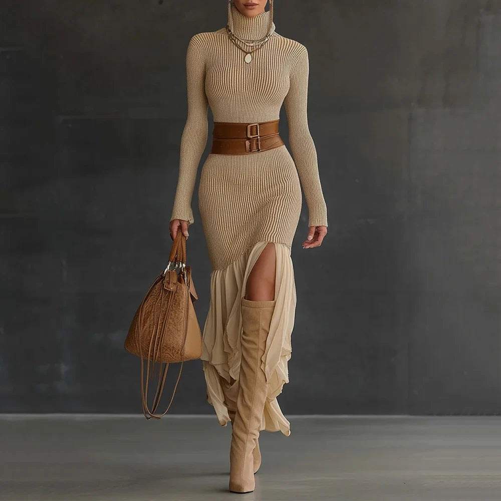 Turtleneck Ruffle Midi Dress