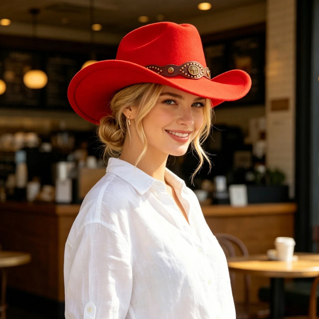 Western Cowgirl Fedora Hat with Bull Head Belt