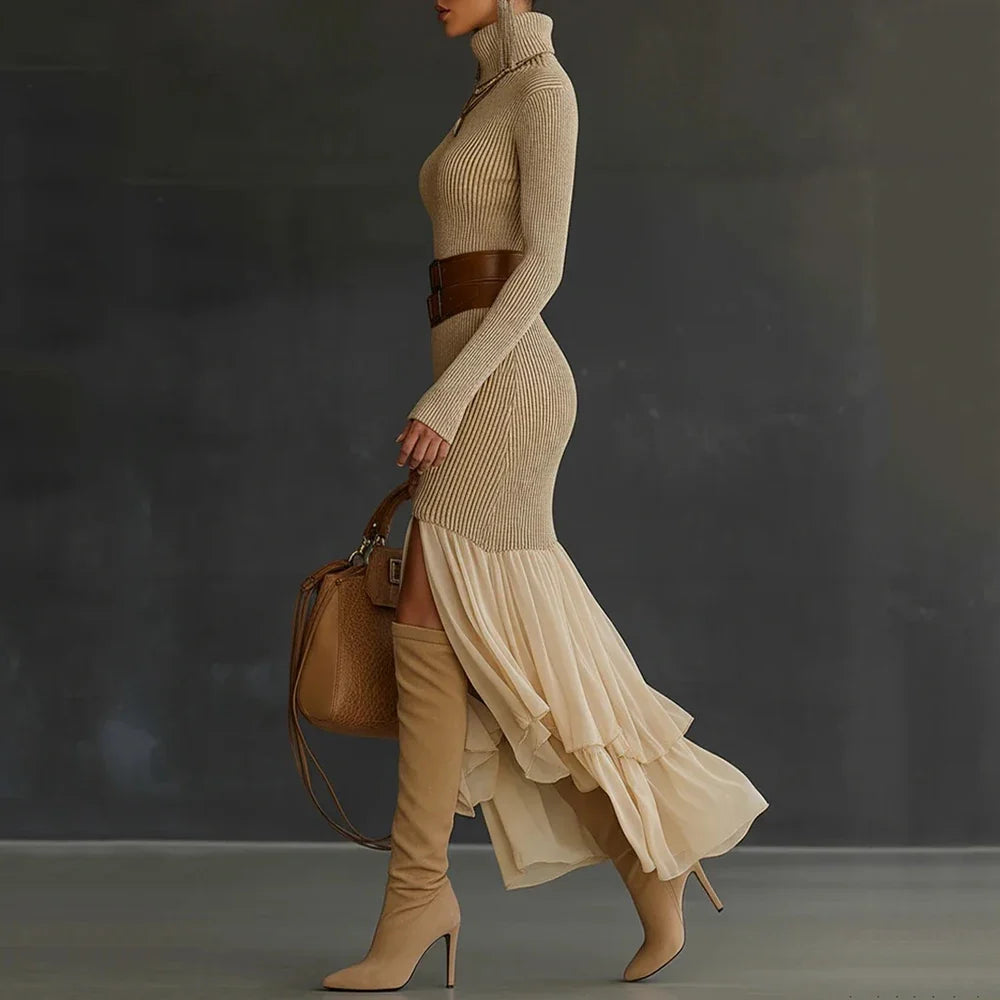 Turtleneck Ruffle Midi Dress