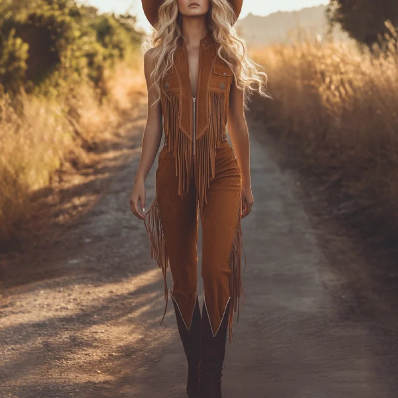 Western Fringe Zip-Up Jumpsuit