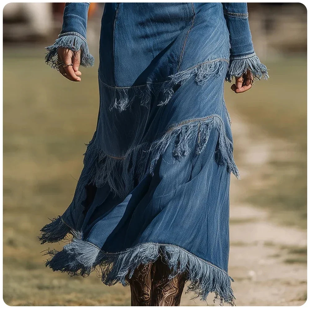 Western Fringe Denim Maxi Dress
