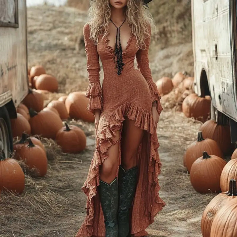 Rust Ruffle High-Low V-Neck Bodycon Midi Dress