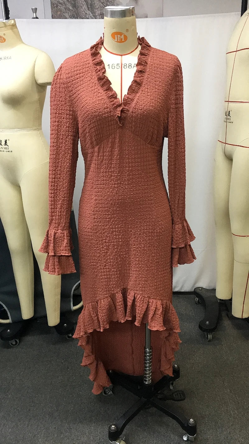 Rust Ruffle High-Low V-Neck Bodycon Midi Dress