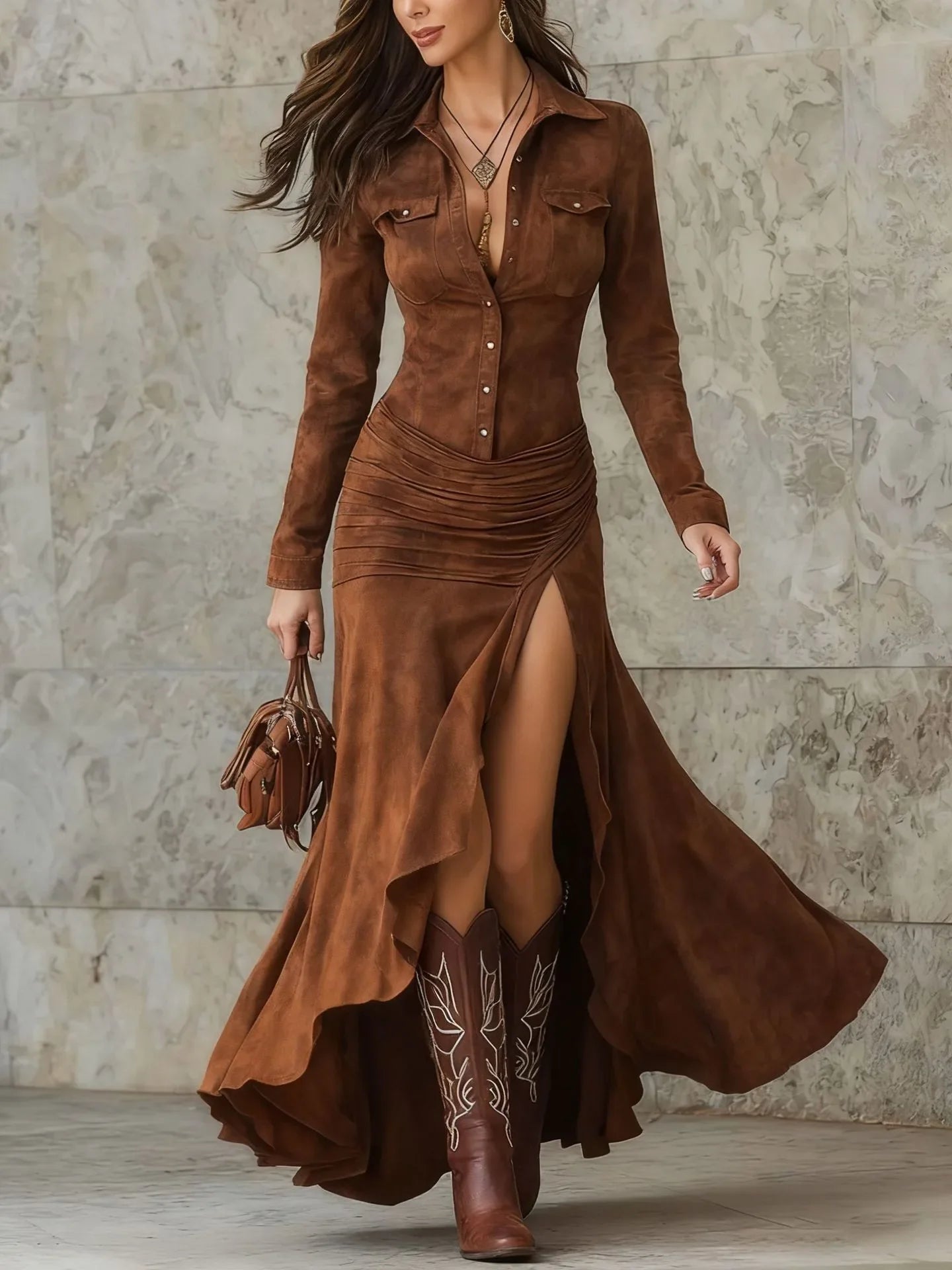 Fitted Stand Collar Zip-Slit Long Dress