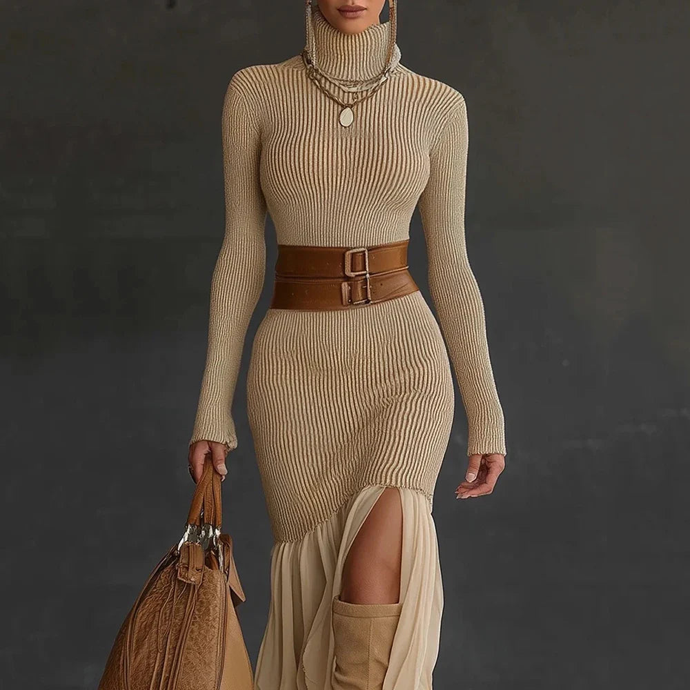 Turtleneck Ruffle Midi Dress