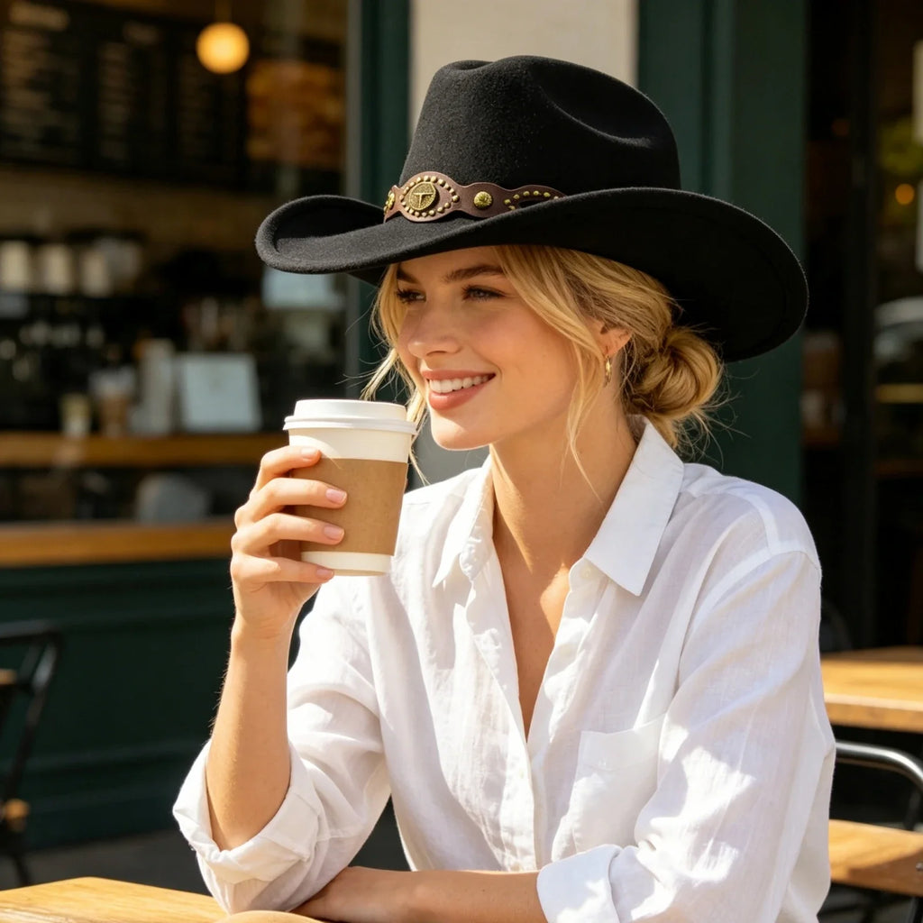 Western Cowgirl Fedora Hat with Bull Head Belt
