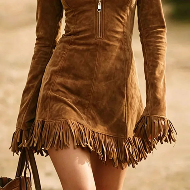 Fringed Zip-Front Bodycon Mini Dress